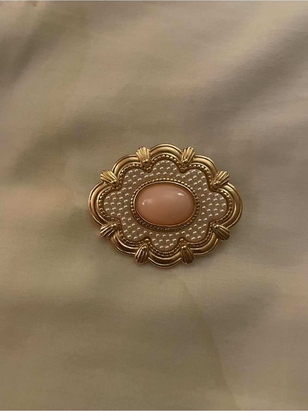 Avon Gold-Tone Brooch with Pink Cabochon and Pearl Accents